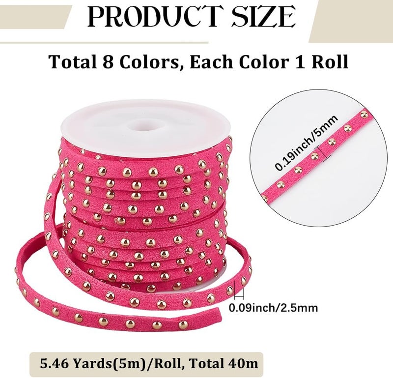 CALFOVERA 43.74 Inch x 5mm Wide Studded Flat Leather Lace Faux Suede Cords Beading String 8 Colors Rope Strips Trim Ribbon with Silver Punk Rivets for Jewelry Making Necklaces Bracelets DIY Crafts - Image 2